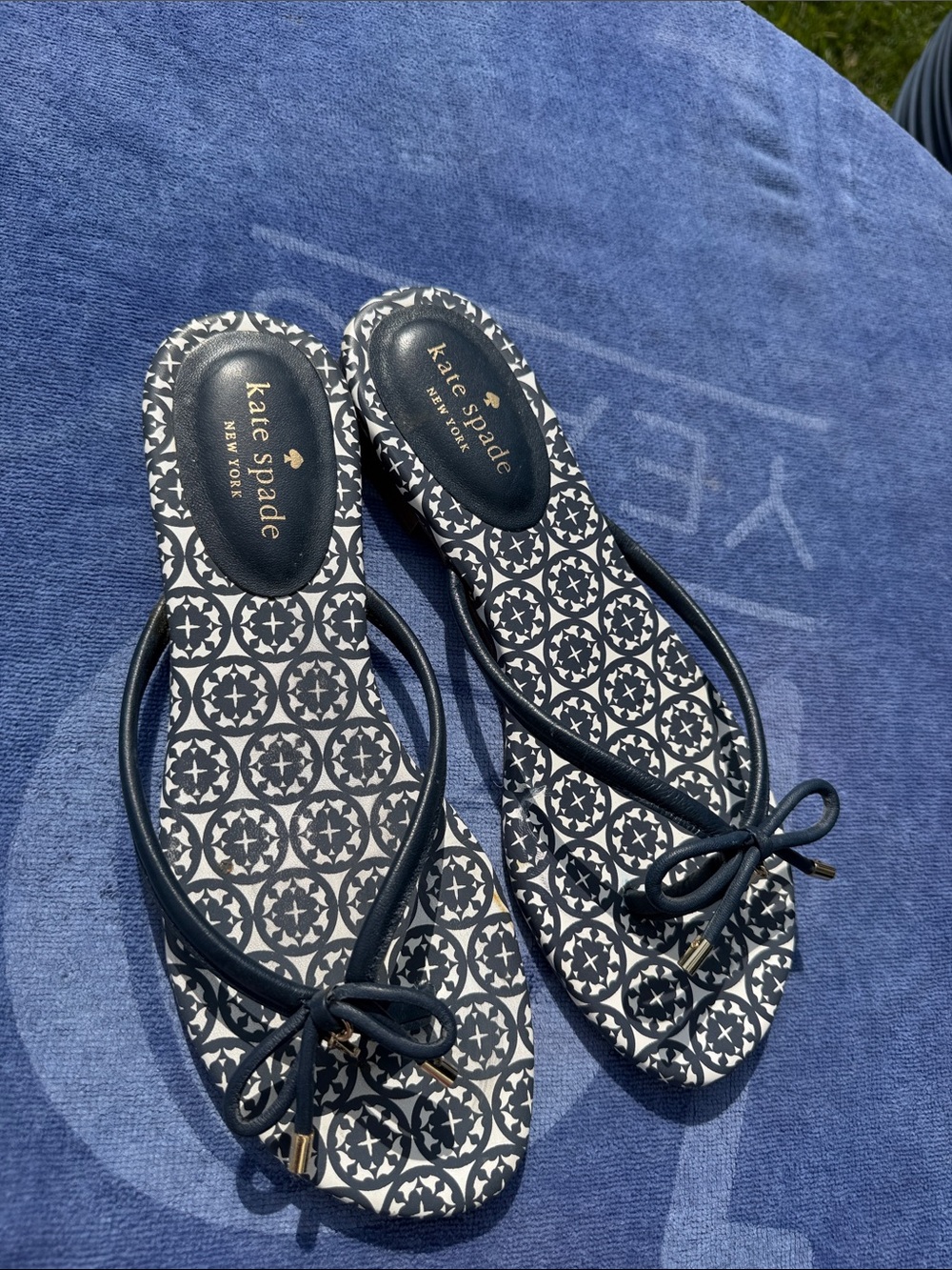 kate spade Navy and White Patterned Bow Sandals